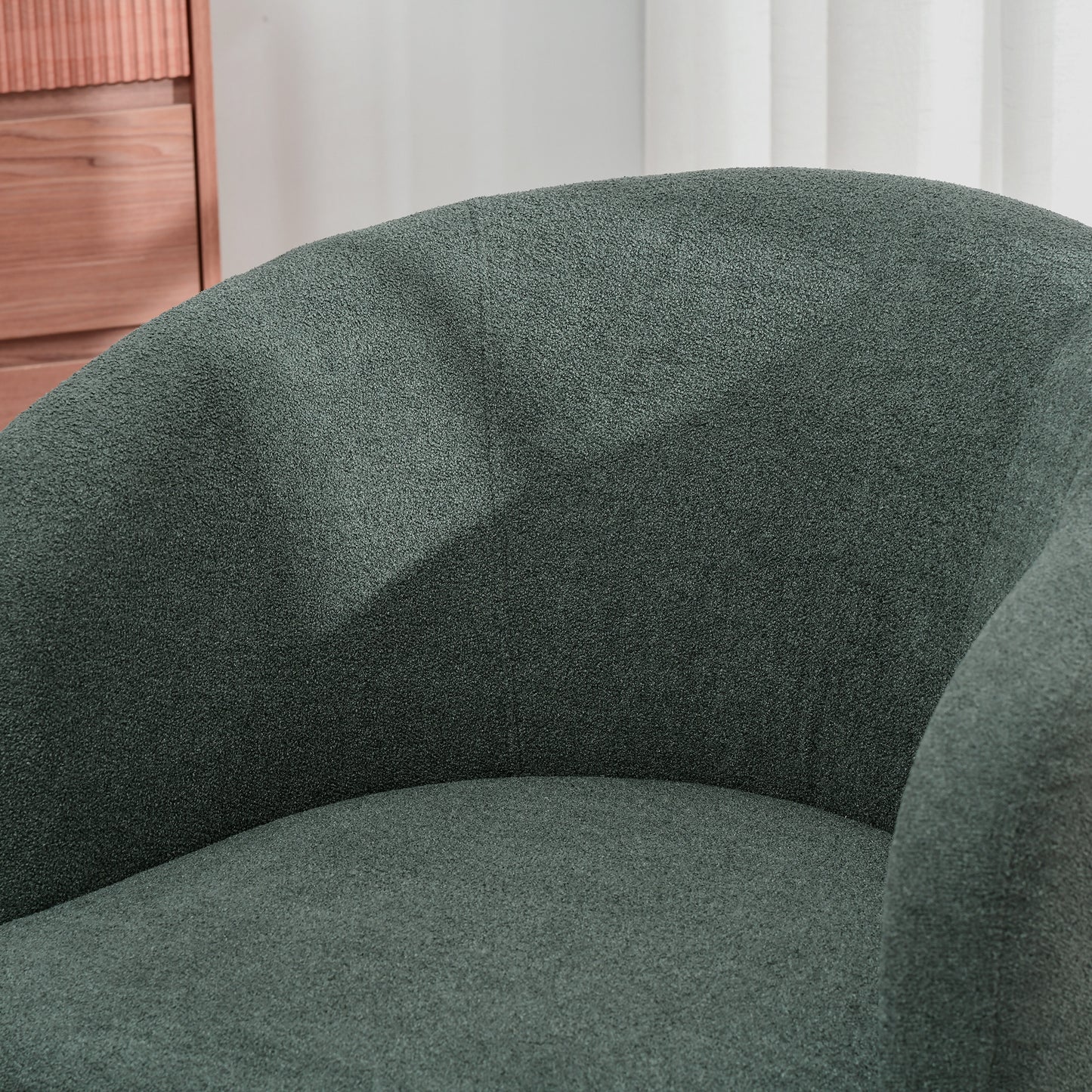 Modern Teddy Fabric Barrel Armchair with Padding and Wooden Legs, Dark Green