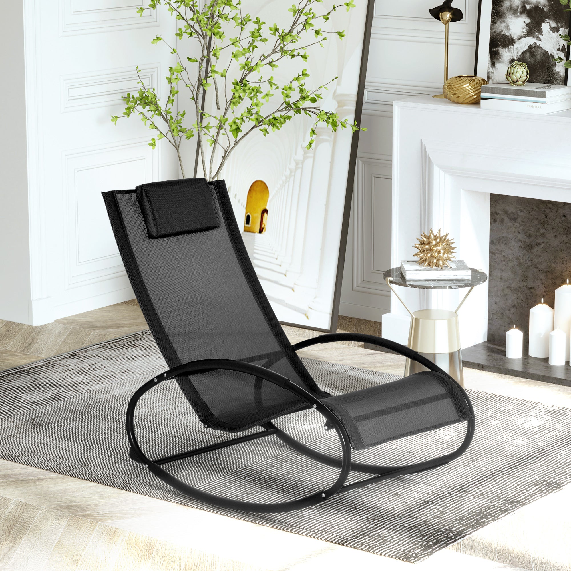 Zero Gravity Garden Lounger, Rocking Chair with Cushion and Breathable Fabric, 105x62x88cm, Black