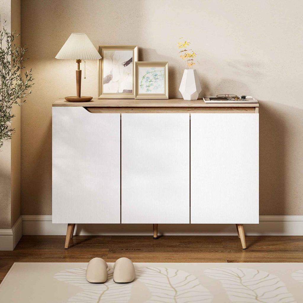 HOMCOM Modern 3-Door Sideboard with 3 Adjustable Shelves and 5 Wooden Legs, 107x35x76.5 cm, White and Oak