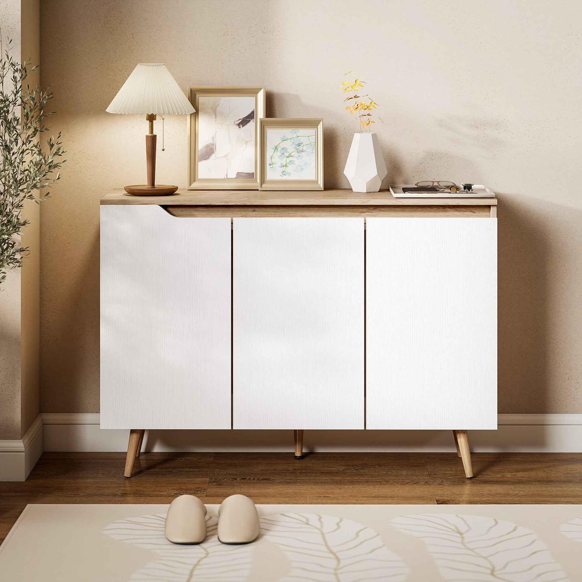 HOMCOM Modern 3-Door Sideboard with 3 Adjustable Shelves and 5 Wooden Legs, 107x35x76.5 cm, White and Oak