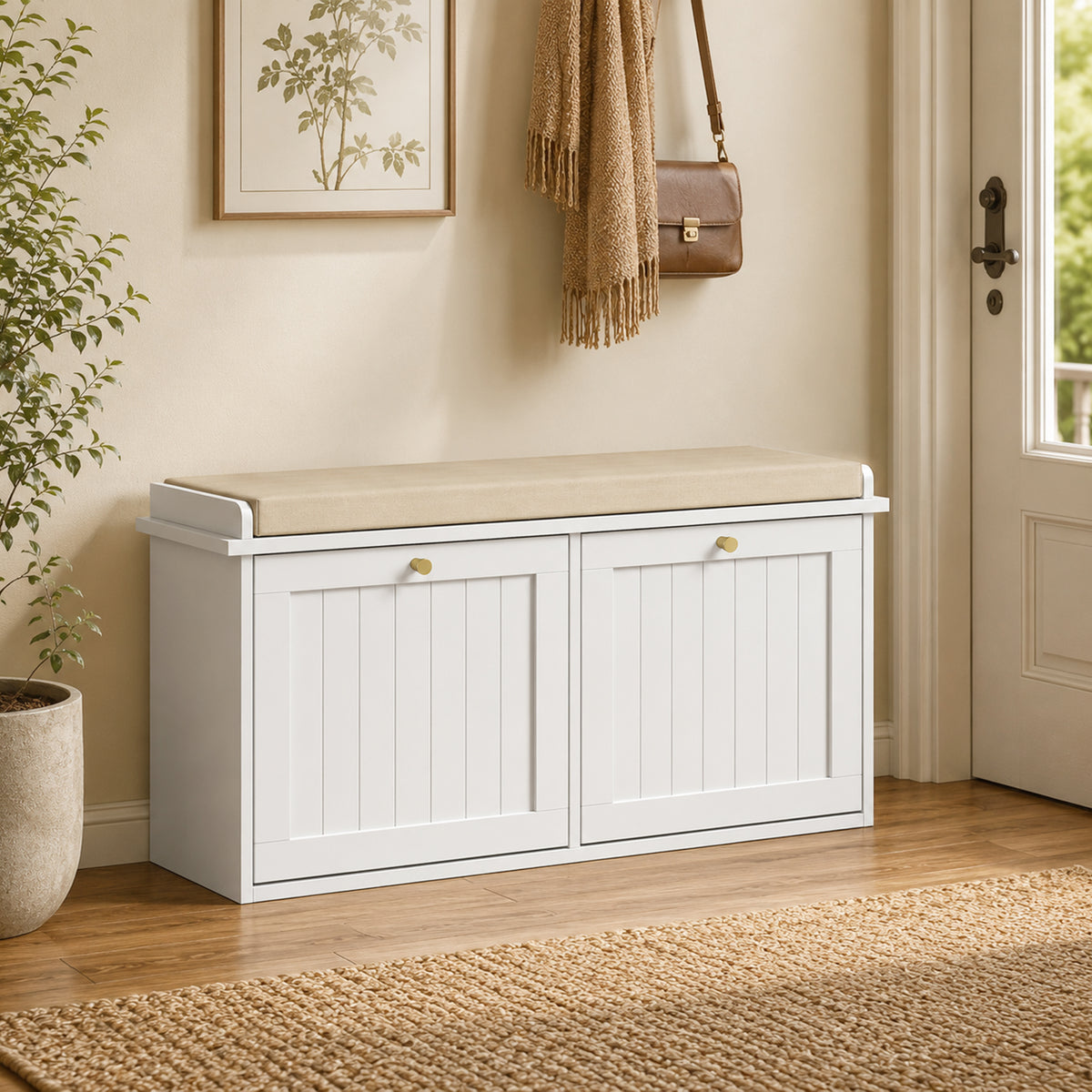 HOMCOM Shoe Bench with Padded Cushion, 2 Folding Drawers for 8-10 Pairs of Shoes, White