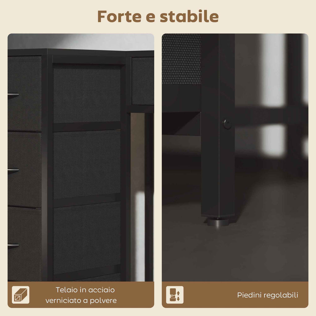 Corner Desk with 6 Drawers, Side Hook and Integrated Sockets, Wood and Steel, 126x48x80 cm, Black