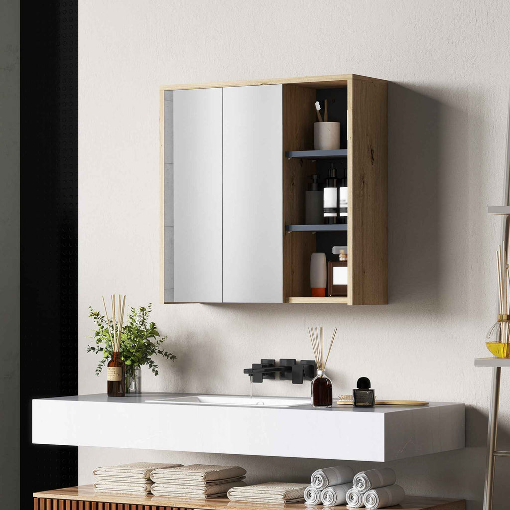 Bathroom Mirror Cabinet with 2 Doors, 60x20x60 cm Bathroom Cabinet with Mirror, Open Compartment, Natural