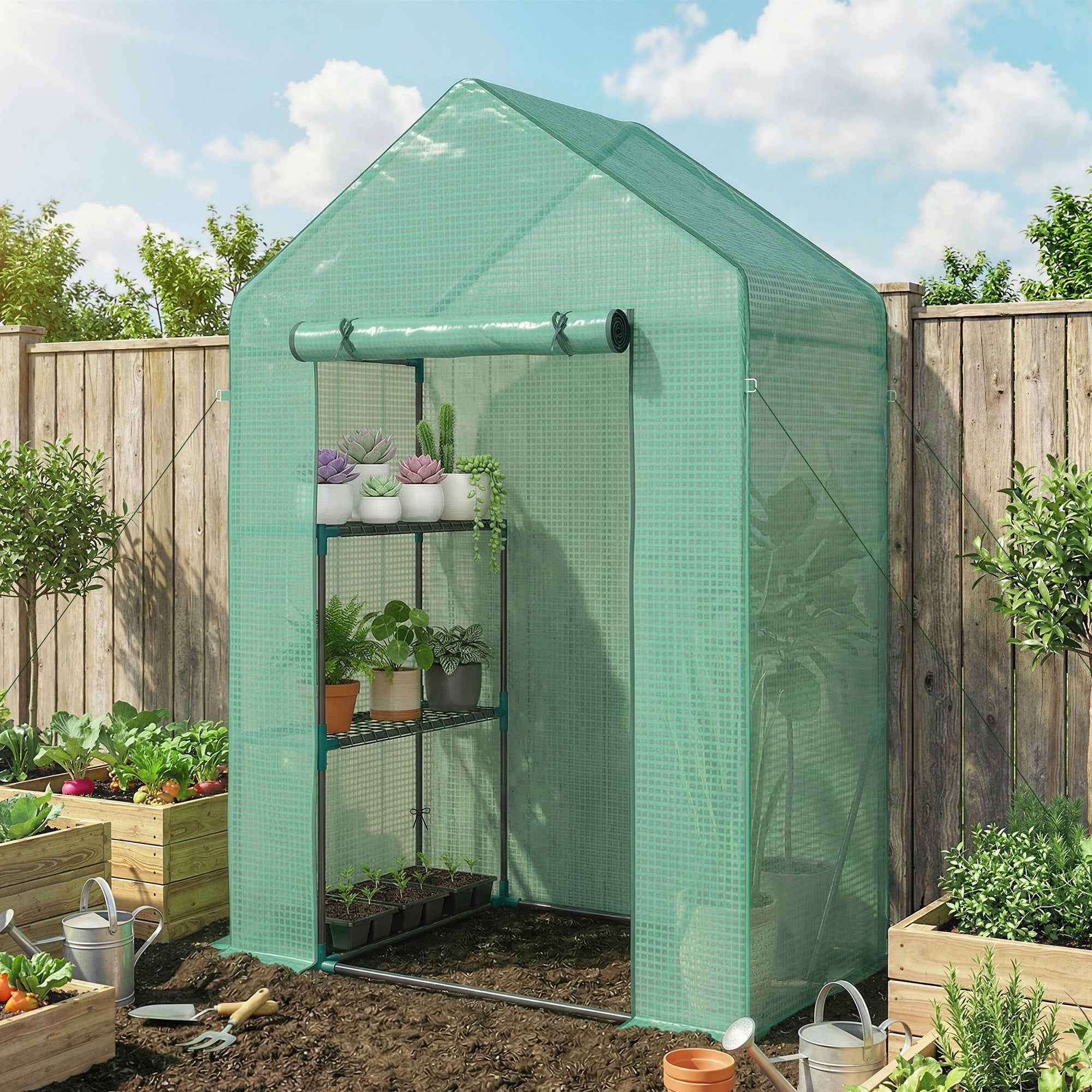 Outsunny Garden Greenhouse 143 x 73 x 195 cm with 2-Tier Shelf, Green