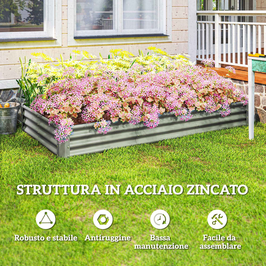 Outsunny Outdoor Steel Planter with Open Bottom and Reinforced Edges, 240x120x30 cm, Silver