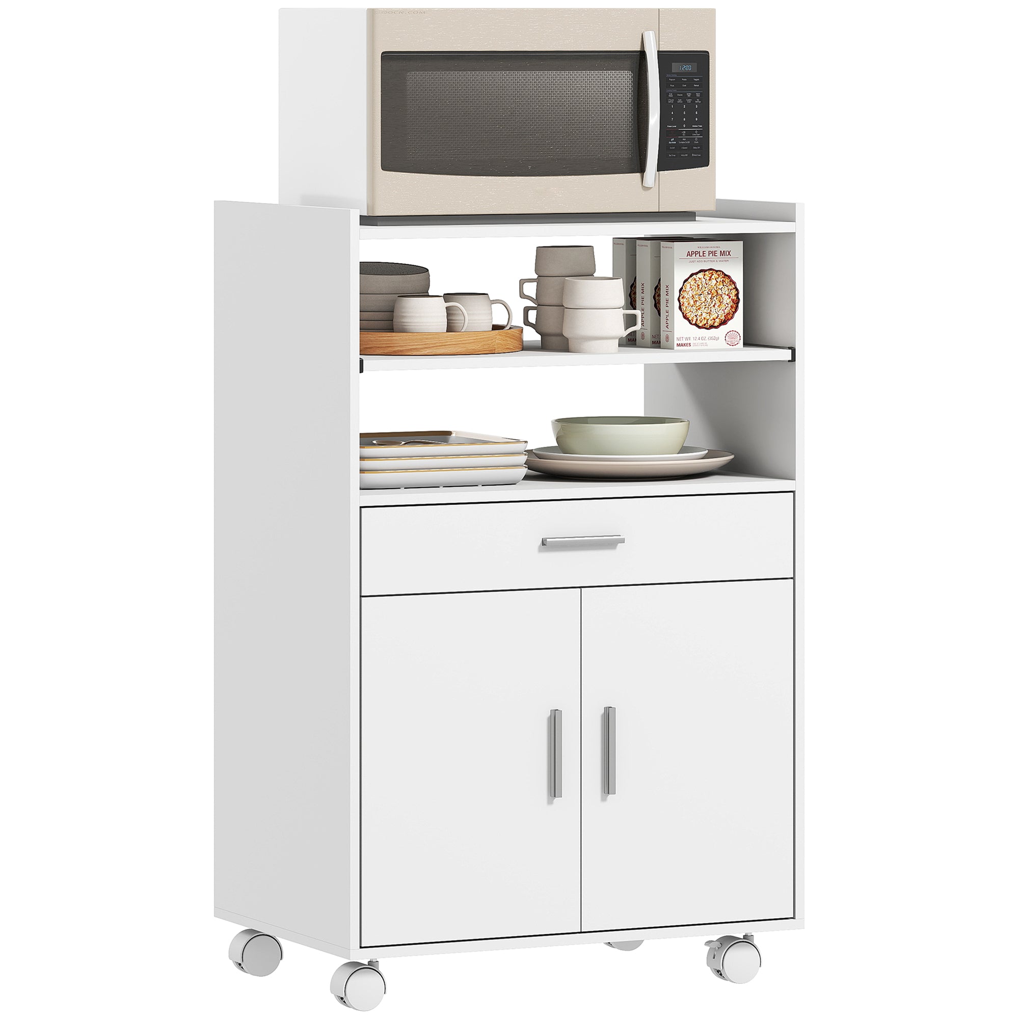 Wooden Microwave Cabinet with Drawer, 2-Door Cabinet and 2 Shelves, 59x40x92 cm, White