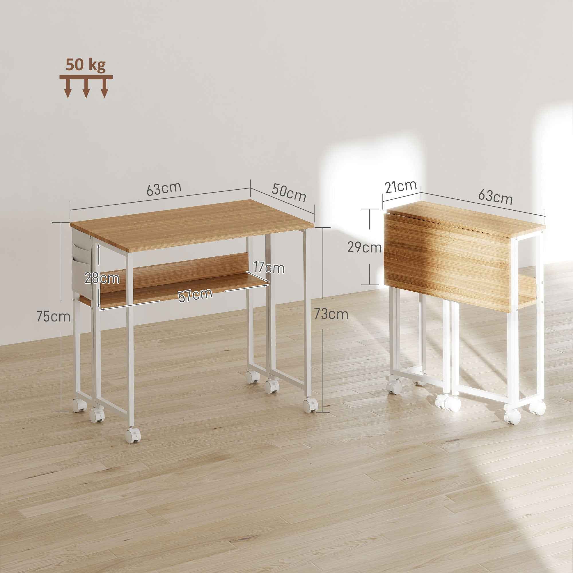 HOMCOM Space-Saving Folding Desk with Drop-Leaf Top, Storage Pocket, and Wheels, Natural Wood