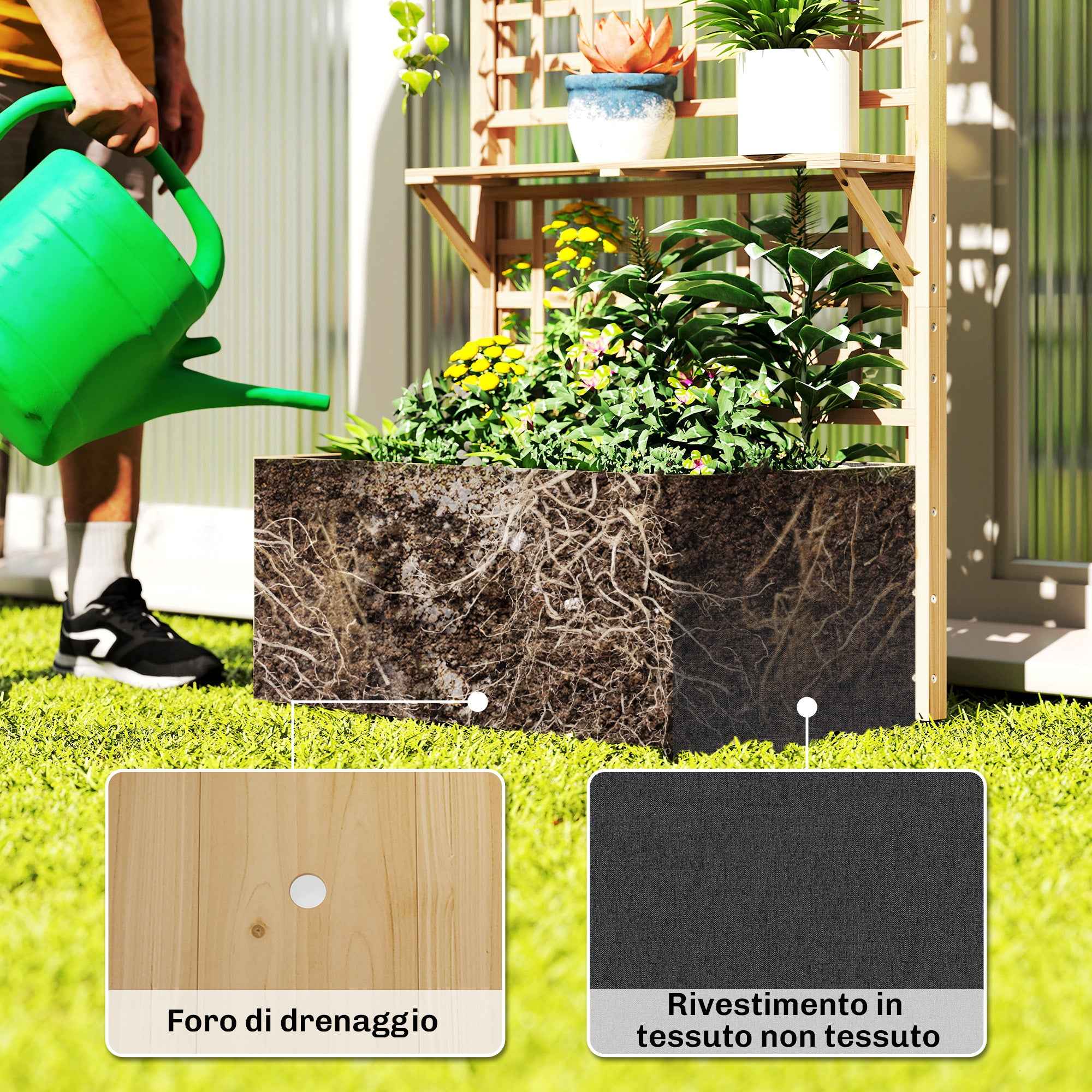 Outsunny Raised Wooden Planter with Trellis, Roof and 2 Shelves, 76x43.5x177 cm, Natural Wood