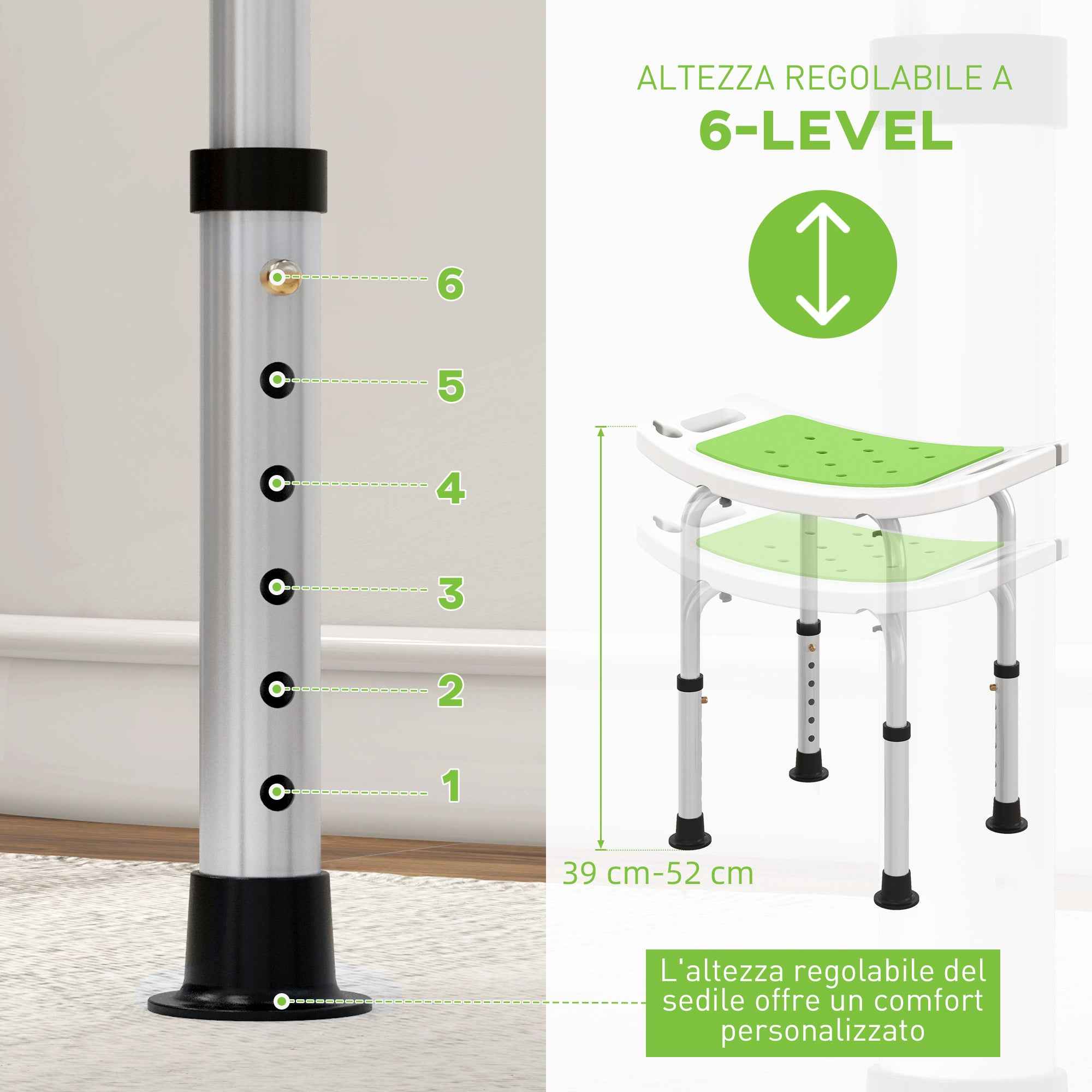 HOMCOM Shower Stool in Aluminum Alloy and Non-Slip Plastic, 6-Level Adjustable Height 39-52cm, Green