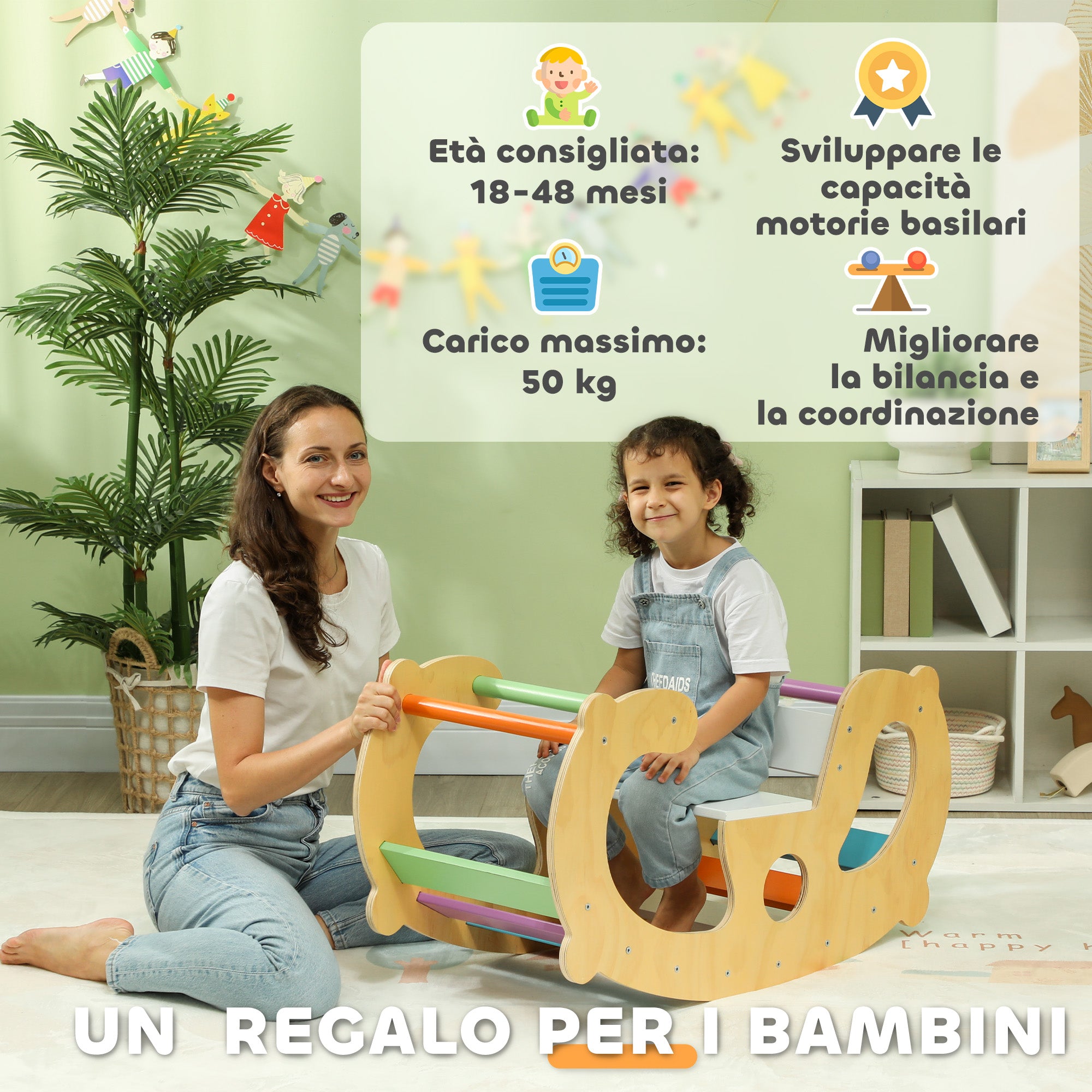 Children's Game 2 in 1 Montessori Arch and Rocking Chair for Indoor Use, in Pine Wood, 91x41x48 cm