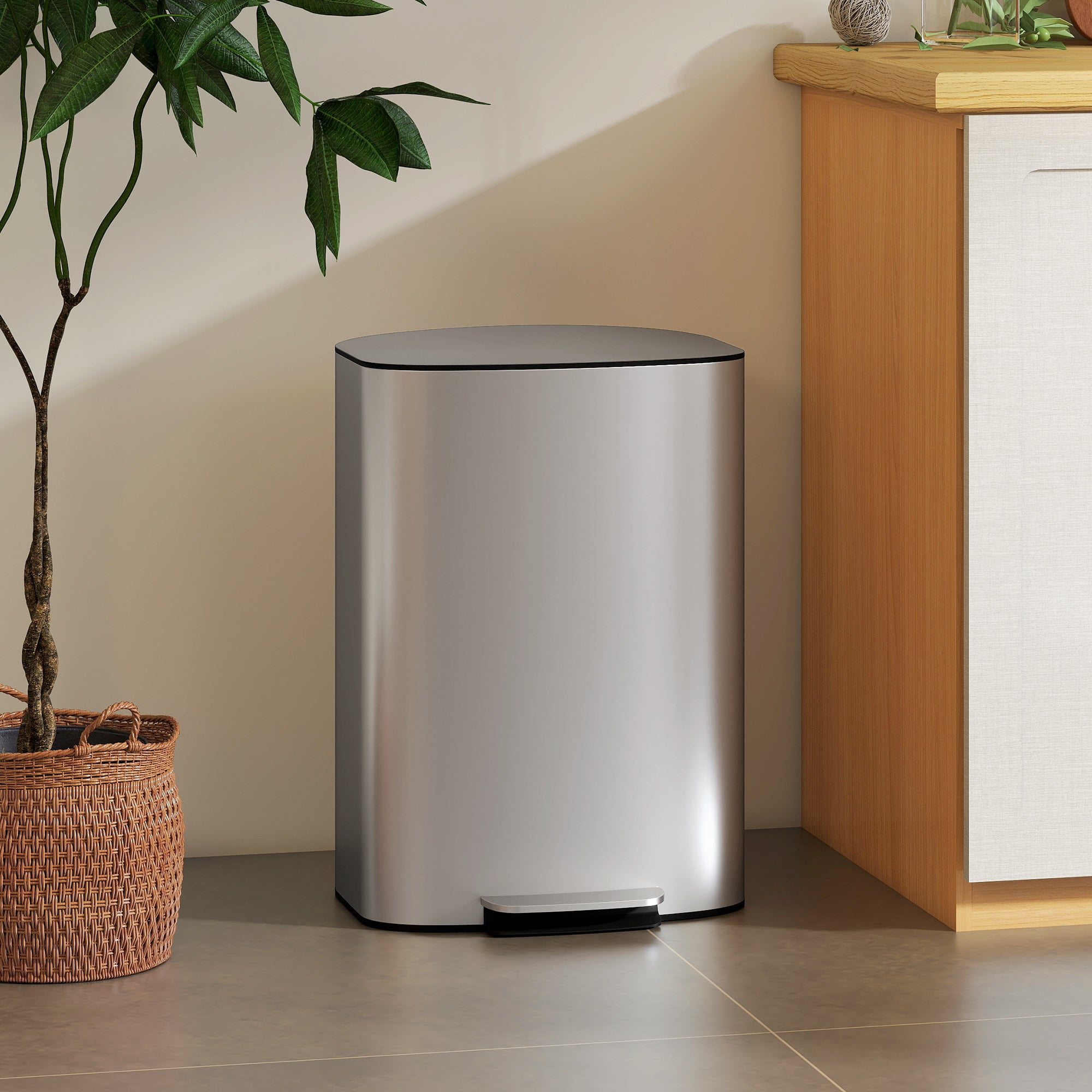 50L Pedal Bin with Soft-Close Lid, 90° Opening and Removable Bucket, Stainless Steel, Grey