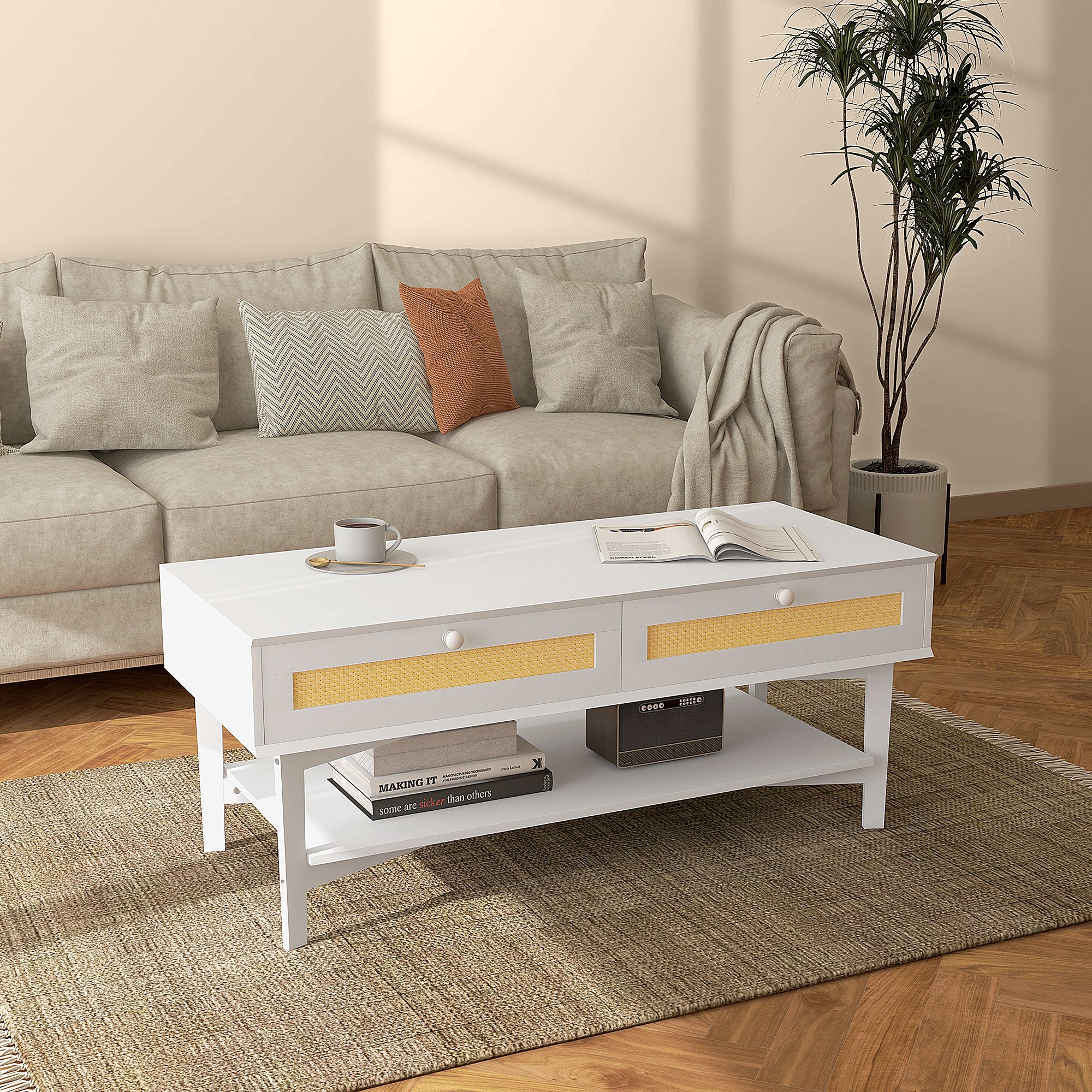 Boho Coffee Table with 2 Drawers and Shelf, Rattan and Chipboard, 120x50x50 cm, White and Wood Color - Borgè