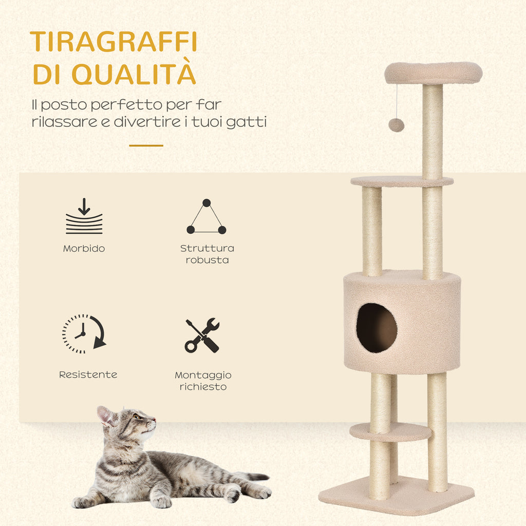 PawHut Sturdy Scratching Post for Cats with 5 Levels, Kennel, House, Games and Sisal Rope, Beige, Max 30kg - Borgè