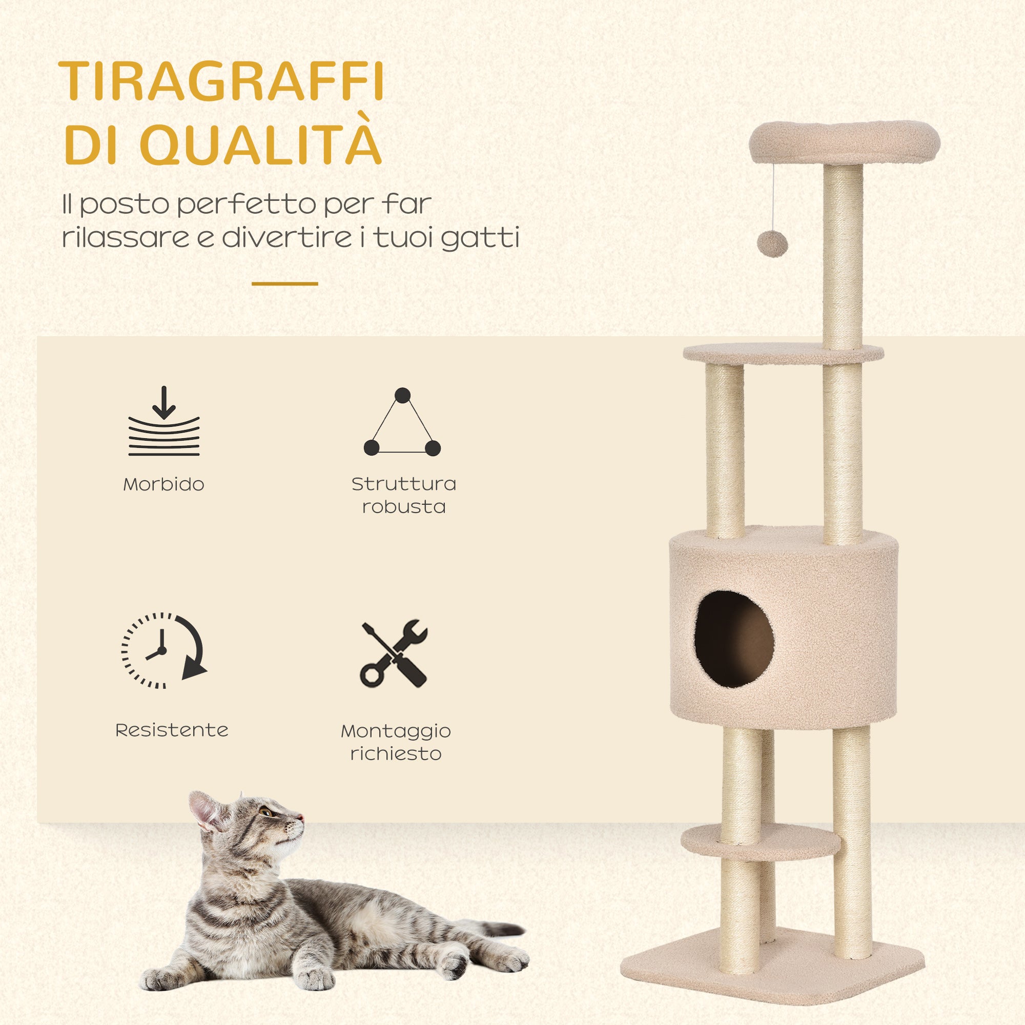PawHut Sturdy Scratching Post for Cats with 5 Levels, Kennel, House, Games and Sisal Rope, Beige, Max 30kg - Borgè