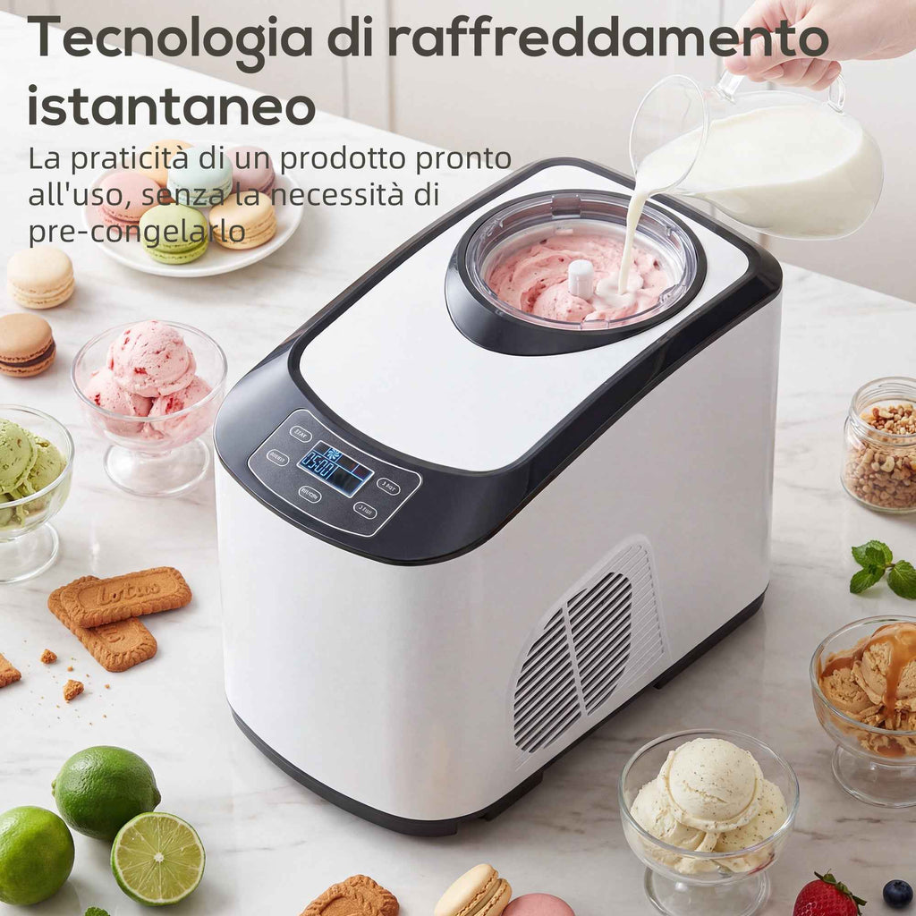 Ice Cream Maker with Built-in Compressor 1.5L, Soft and Hard Modes, Auto-Keep Cold Function, White