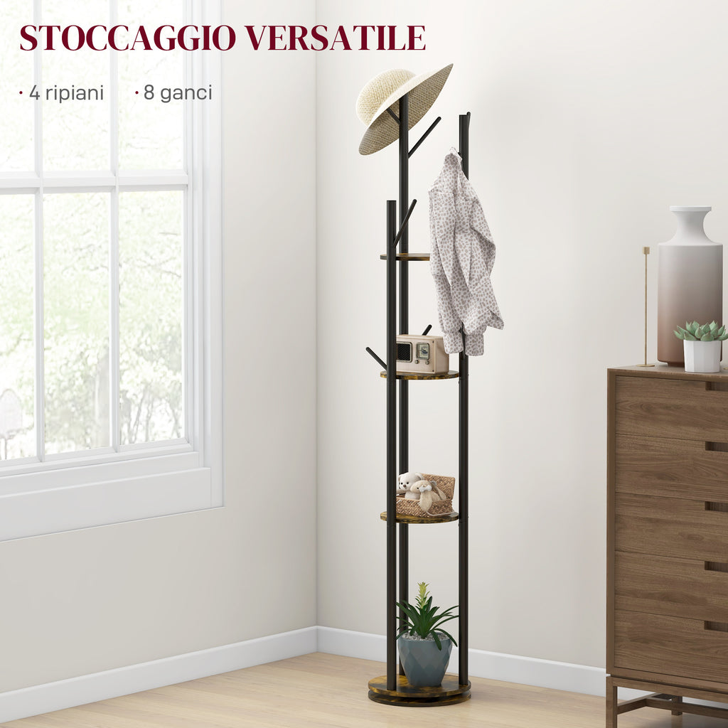 Industrial Style Rotating Floor Coat Rack with 8 Hooks and 4 Shelves, Ø30x175cm, Brown