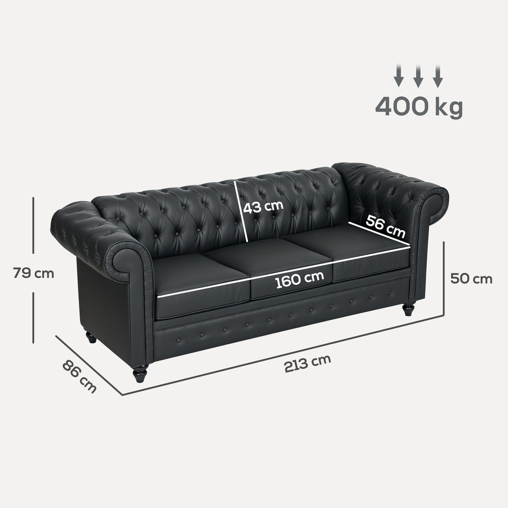 3-Seater Chesterfield Style Sofa Quilted with Pocket Springs, Faux Leather, 213x86x79 cm, Black