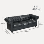 3-Seater Chesterfield Style Sofa Quilted with Pocket Springs, Faux Leather, 213x86x79 cm, Black