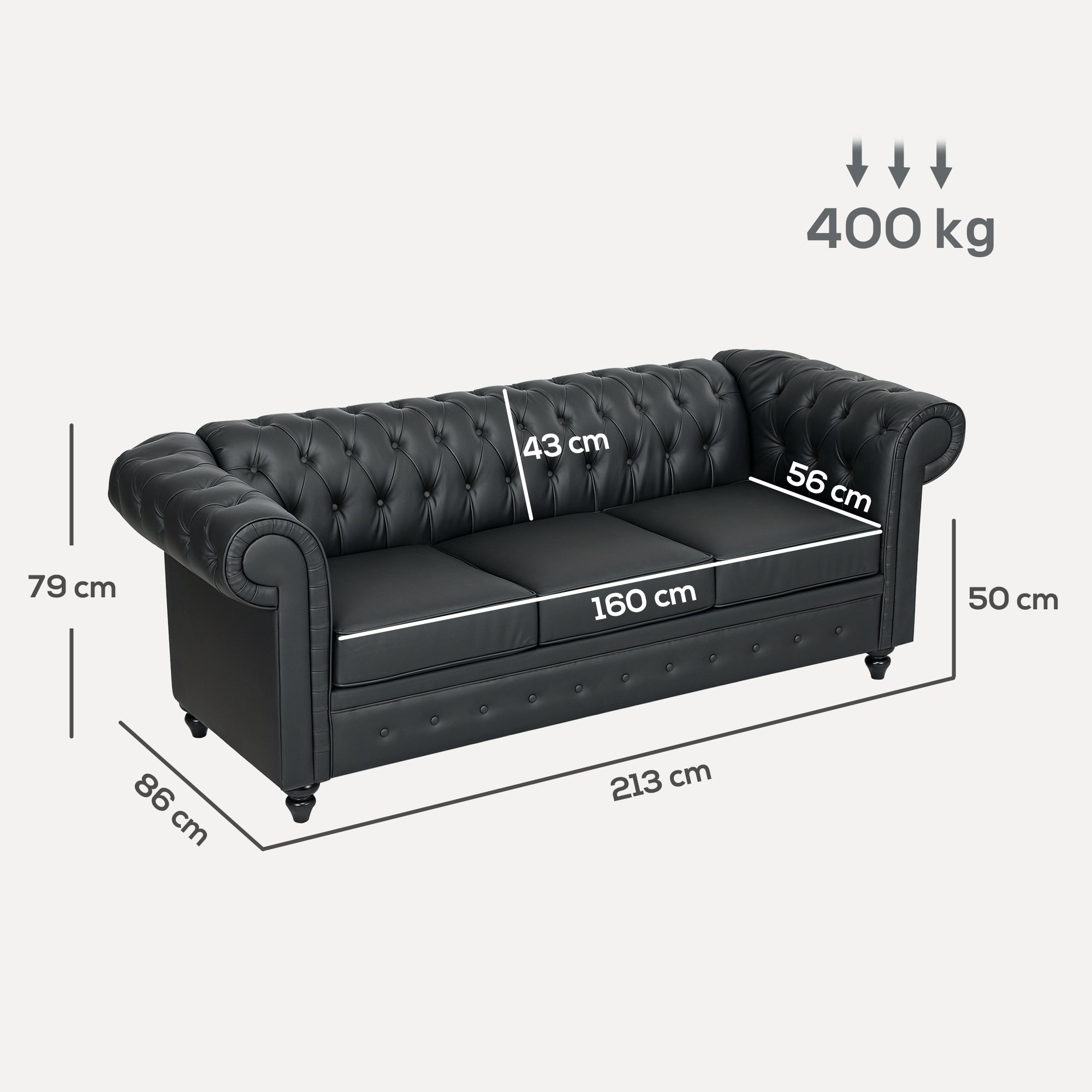 3-Seater Chesterfield Style Sofa Quilted with Pocket Springs, Faux Leather, 213x86x79 cm, Black