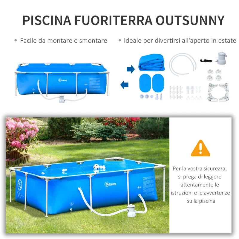 Freestanding Outdoor Pool, Rectangular Above Ground Pool with Filter and Valve in Steel and PVC, Blue, 252x152x65cm - Borge' Group Limited