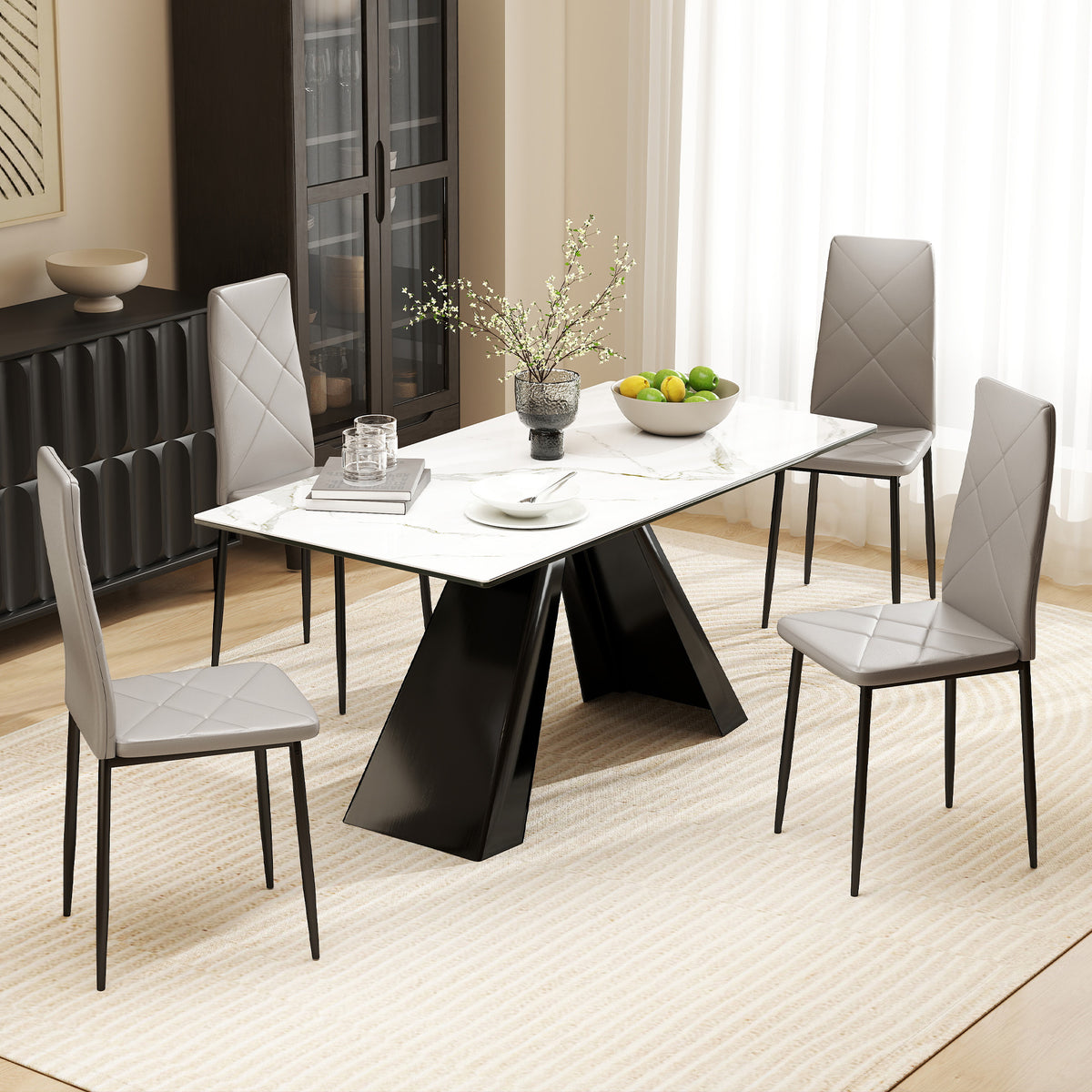 Set of 4 High-Back Dining Chairs in Faux Leather and Steel, 41x50x97cm, Grey