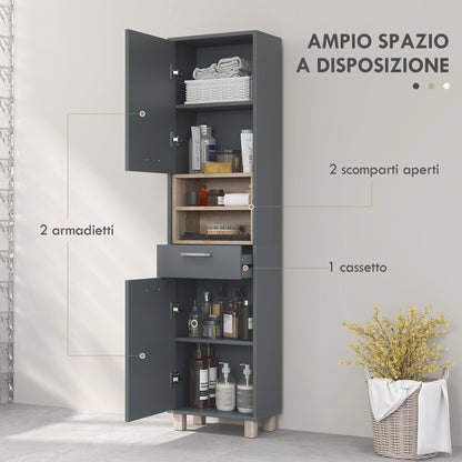 Modern Bathroom Column with Drawer and Cabinets in Wood and Aluminium Alloy, 40x24x160 cm, Grey