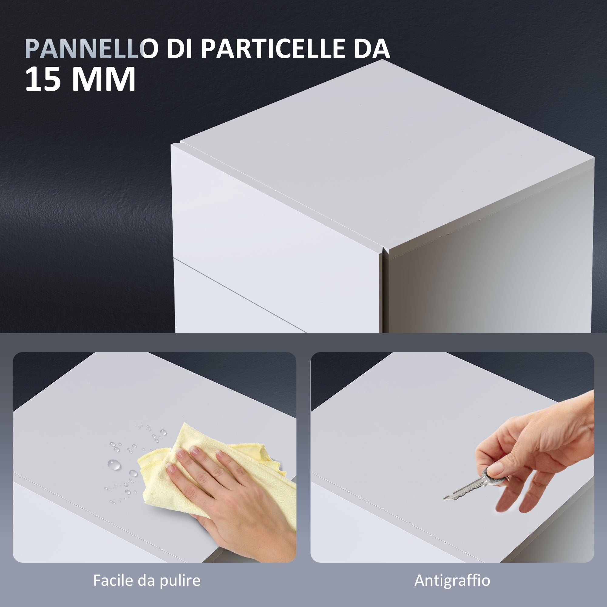 Modern Bedside Table with Adjustable LED Light with Remote Control and 3 Drawers, 40x35x60 cm, Glossy White