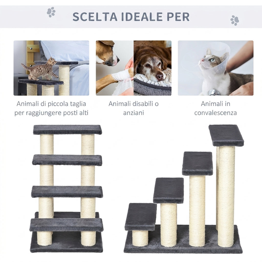 PawHut 4-Step Plush Dog and Cat Ladder with Sisal Scratching Posts, Grey
