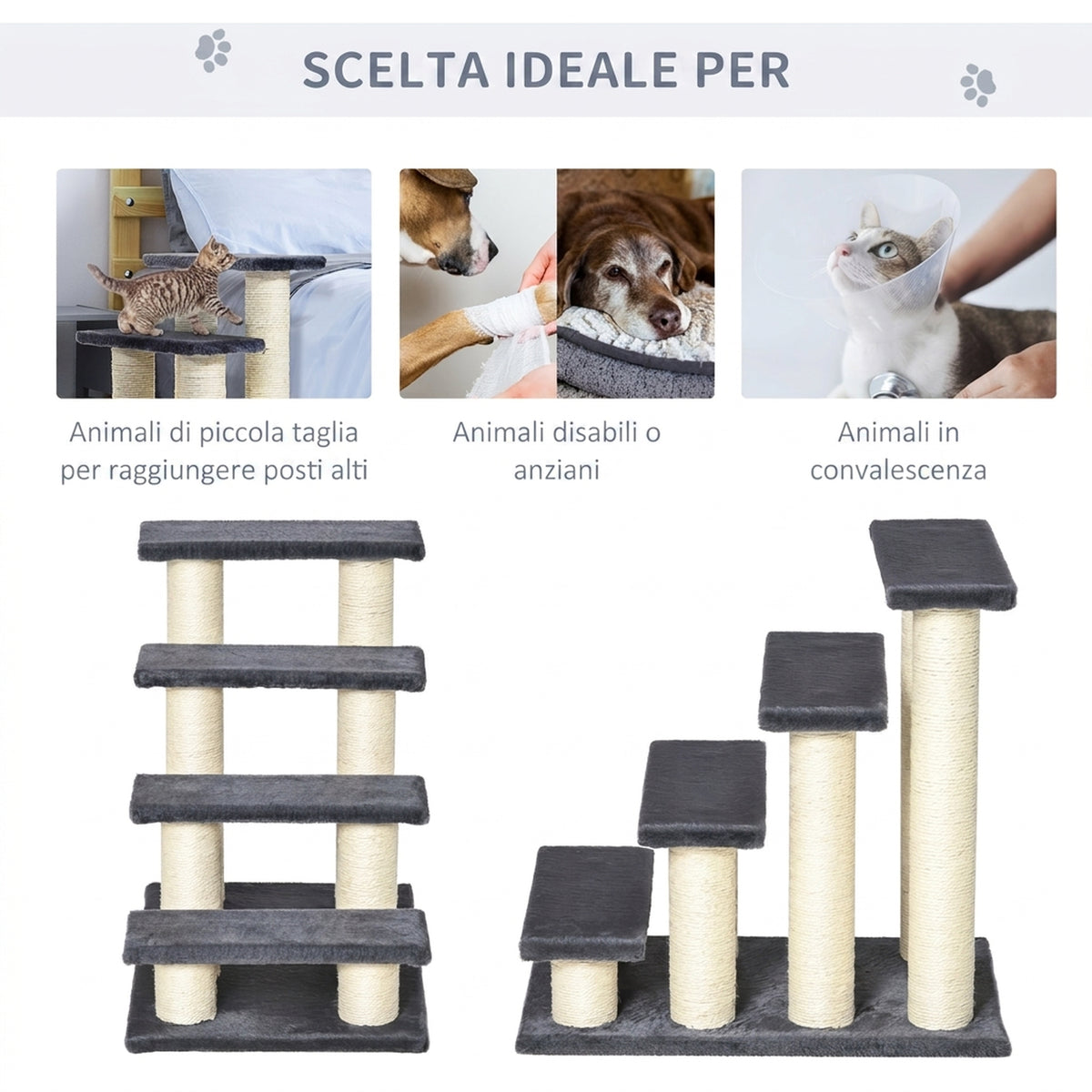 PawHut 4-Step Plush Dog and Cat Ladder with Sisal Scratching Posts, Grey