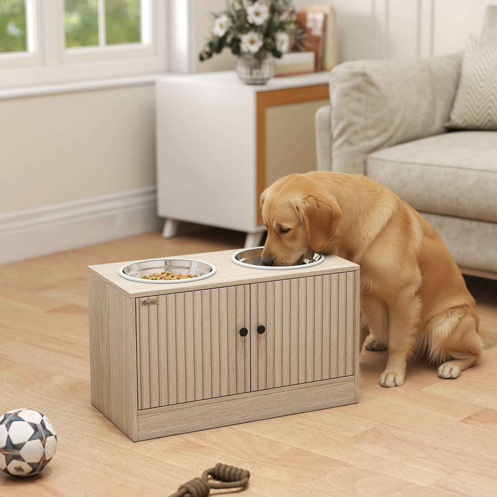 PawHut Dog Bowl Stand with 2 x 2L Stainless Steel Bowls and Lower Cabinet, Wooden, 60x30x35.5 cm, Oak