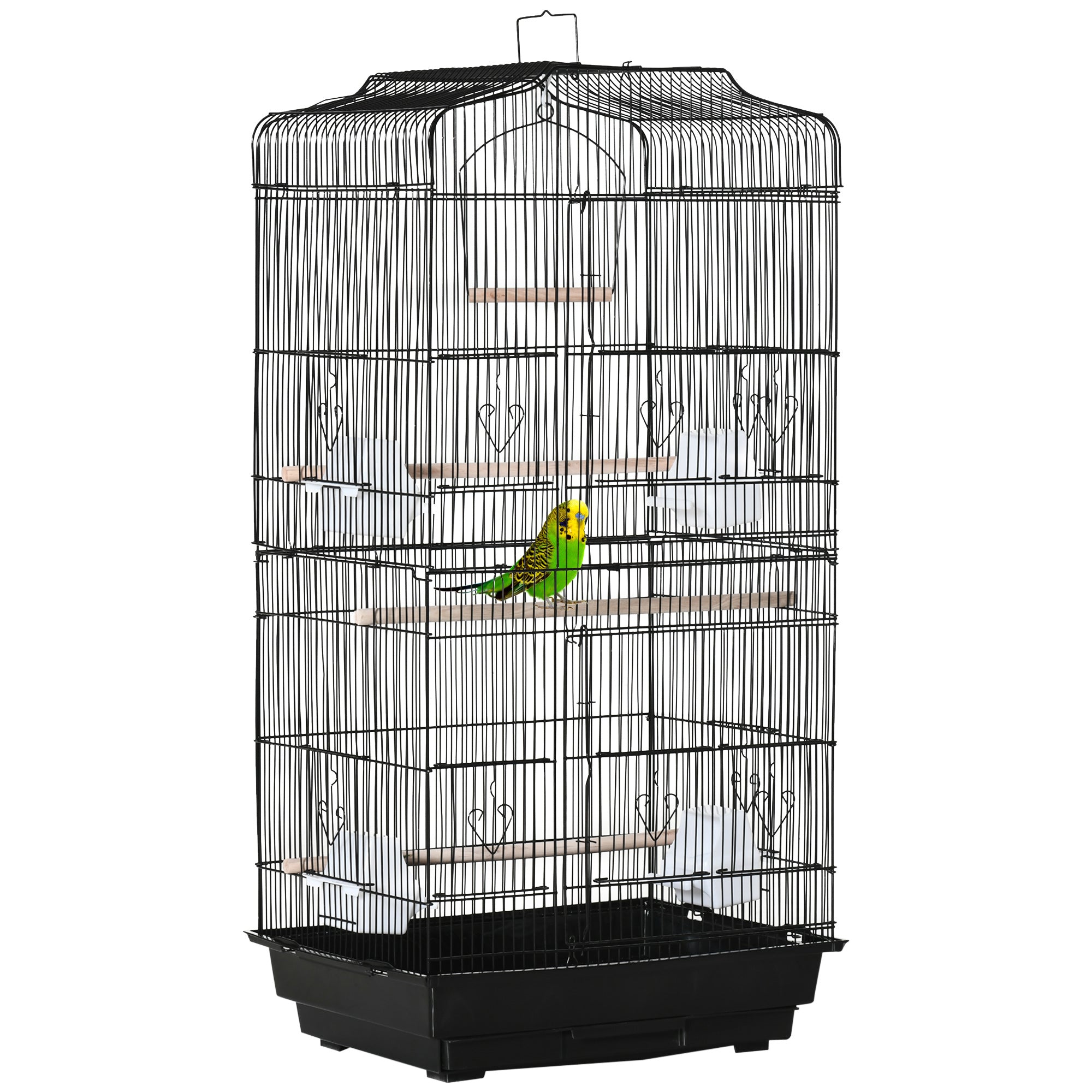 Bird Cage in Metal and Plastic with Perches, Swing and Bowls, 46.5x35.5x92 cm, Black