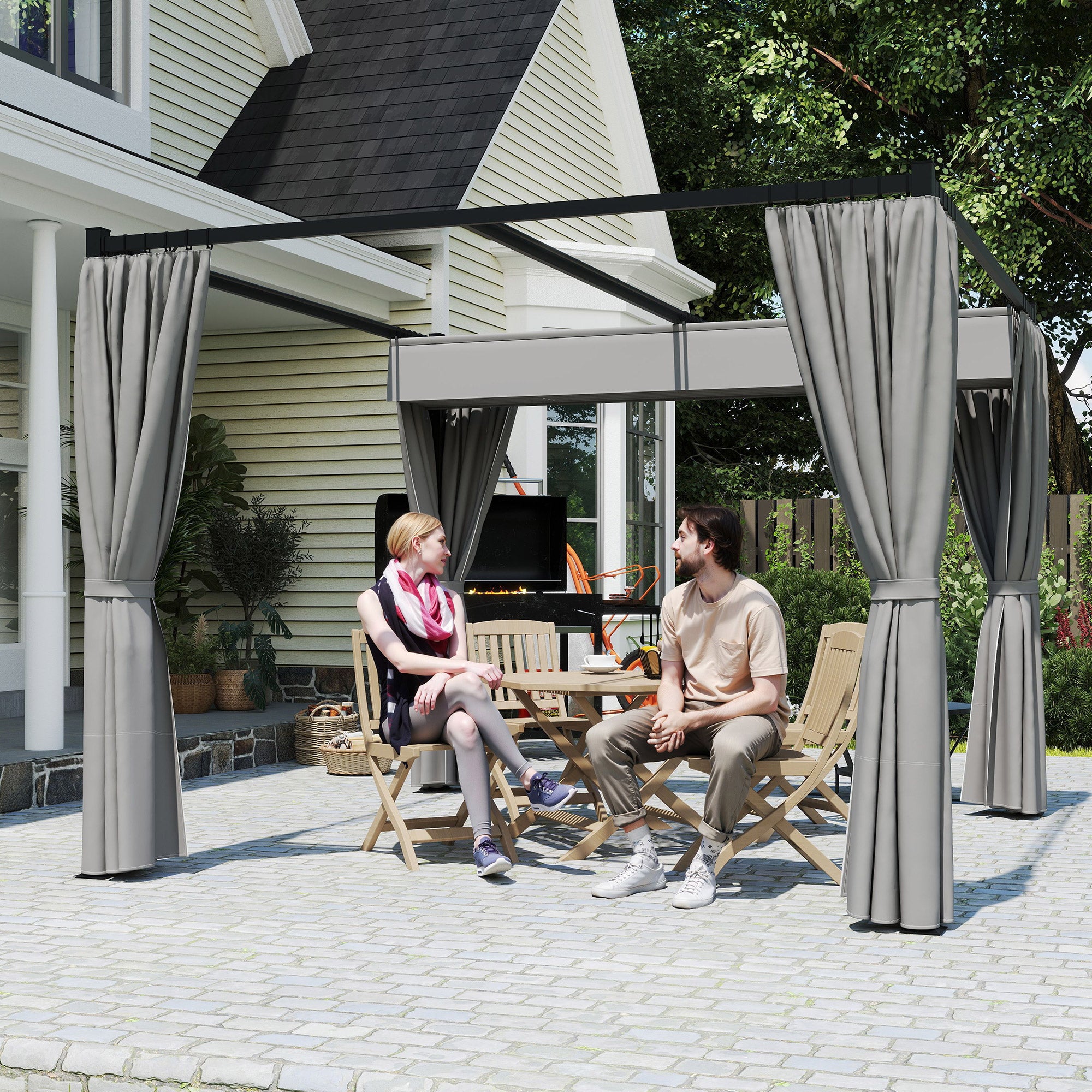 Outsunny Garden Pergola with Retractable Roof and Awnings, Metal and Polyester, 300x300x227 cm, Light Grey