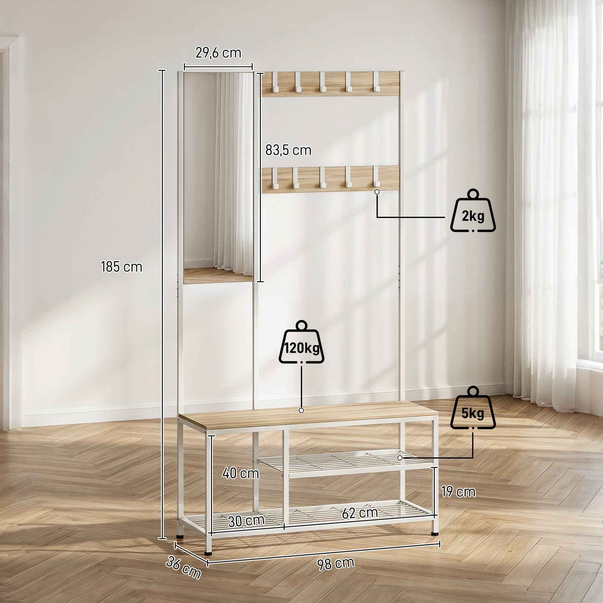 HOMCOM Hallway Coat Rack with Full-Length Mirror and Shoe Bench, Wood and Metal, Wood Color