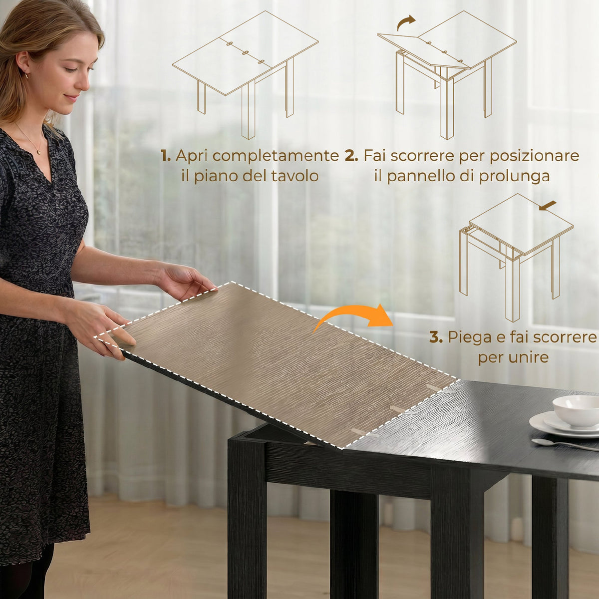 HOMCOM Extendable Dining Table for 4-6 People in Wood and Steel, 140x80x77.5 cm, Black