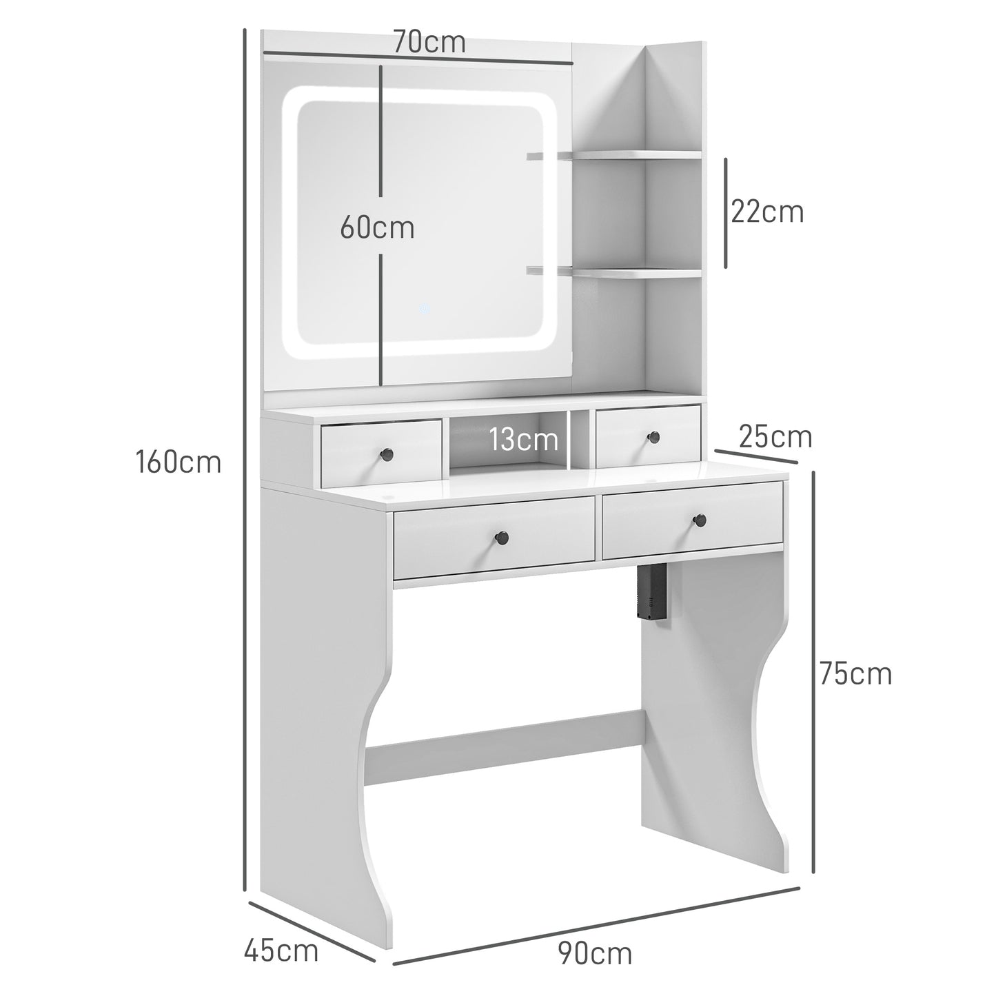 Makeup Dressing Table with 3-Tone LED Lights and Mirror, USB Sockets, 4 Drawers and Shelves, 90x45x160cm, White