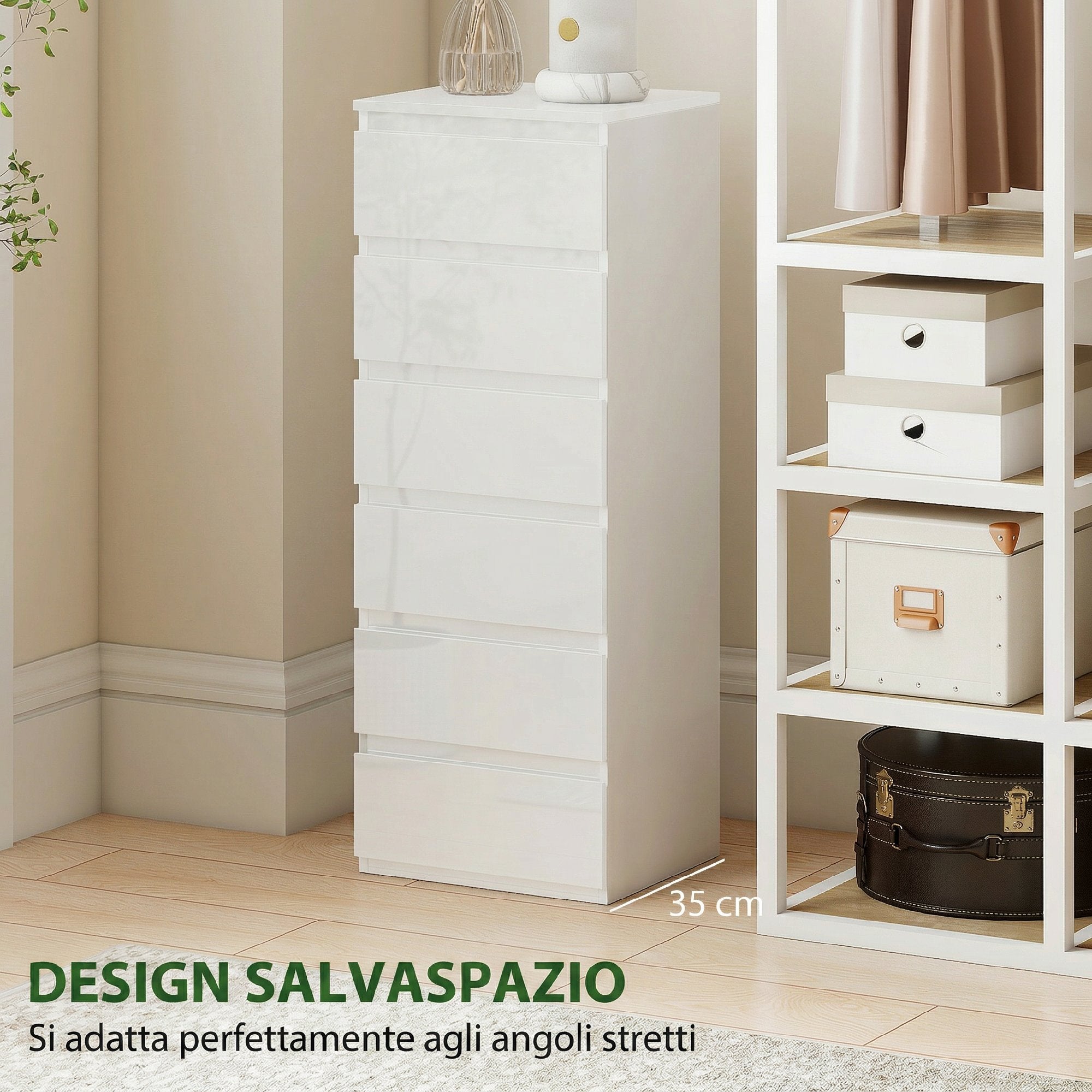 HOMCOM Slim Dresser, 6 Drawers, Gloss Finish, Bedroom, White