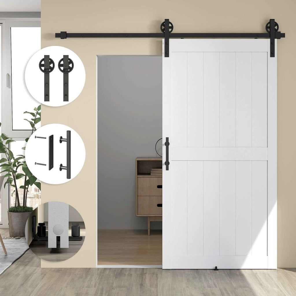 HOMCOM Country Style Sliding Door with Track and Handle in Wood and Steel, 106.6x213.4 cm, Black and White