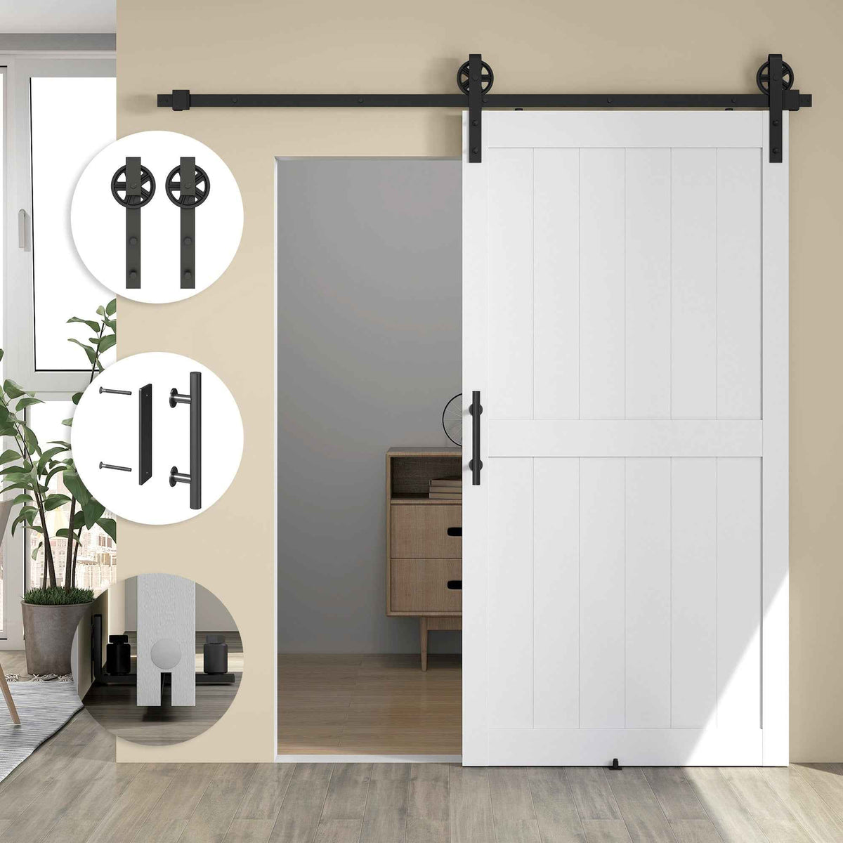 HOMCOM Country Style Sliding Door with Track and Handle in Wood and Steel, 106.6x213.4 cm, Black and White