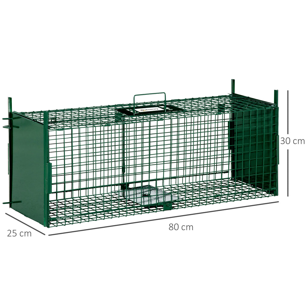 Small Live Animal Trap Cage with Double Door and Handle, 80x25x30cm, Dark Green