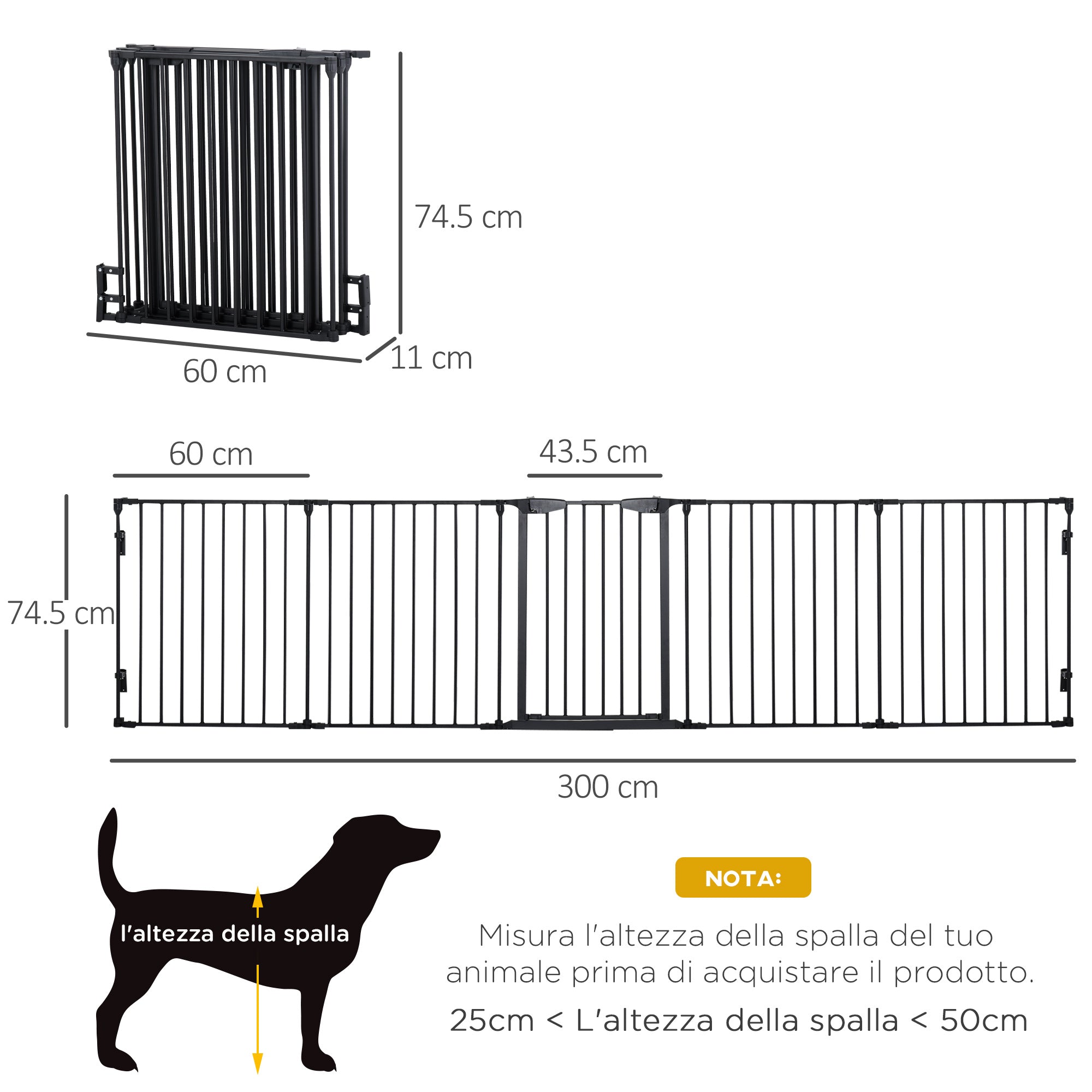 PAWHUT DOG CANCELLY Small and medium folding size with 5 panels, metal and plastic, 300x3x74.5 cm, black - Borgè