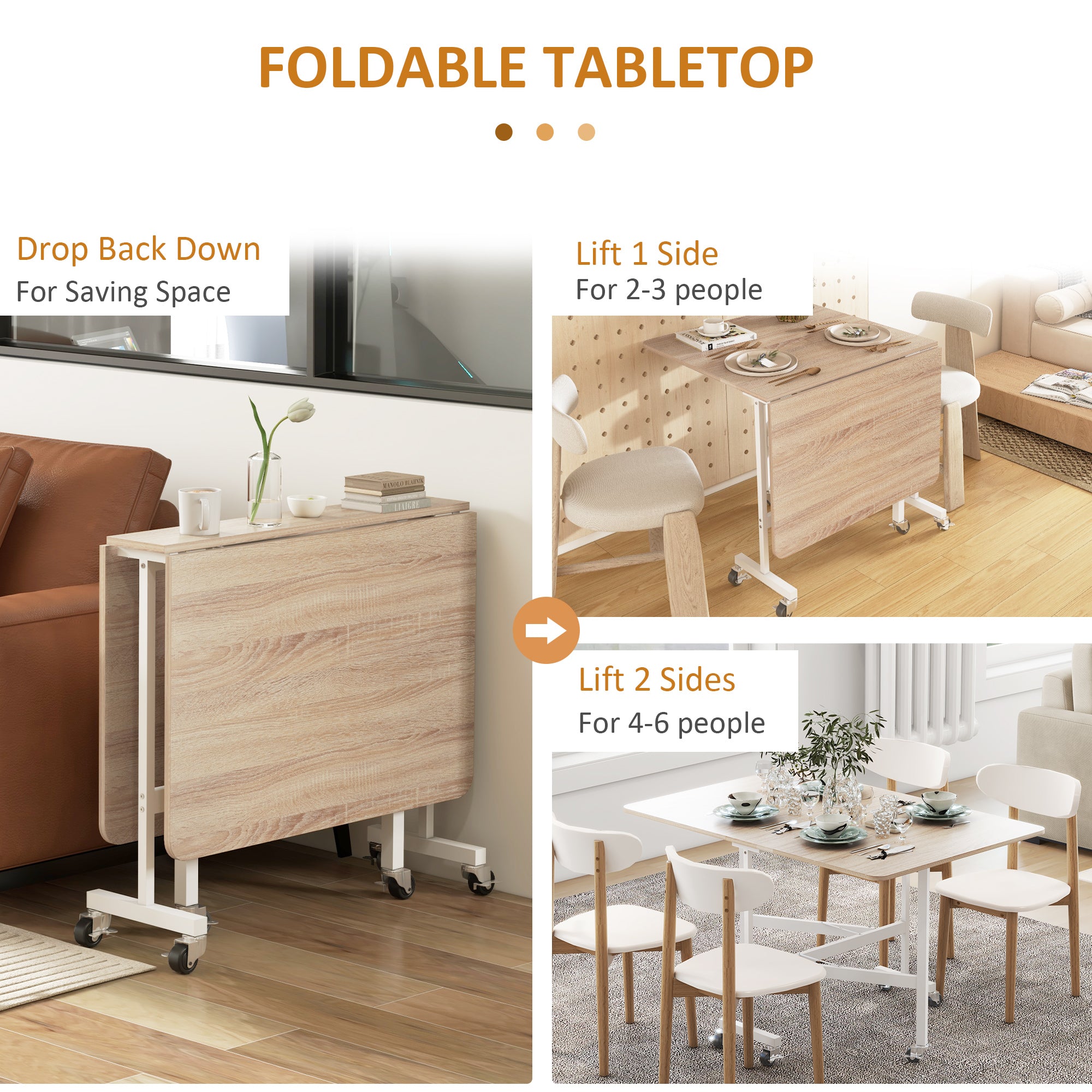 HOMCOM Modern Folding Table with 2 Leafs with Casters in MDF and Steel, 120x80x73cm, Brown - Borgè