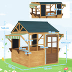 Playhouse for Children 3-8 Years with 5 Windows and 2 Blackboards, in Fir Wood, 173x117x144 cm, Brown and Blue