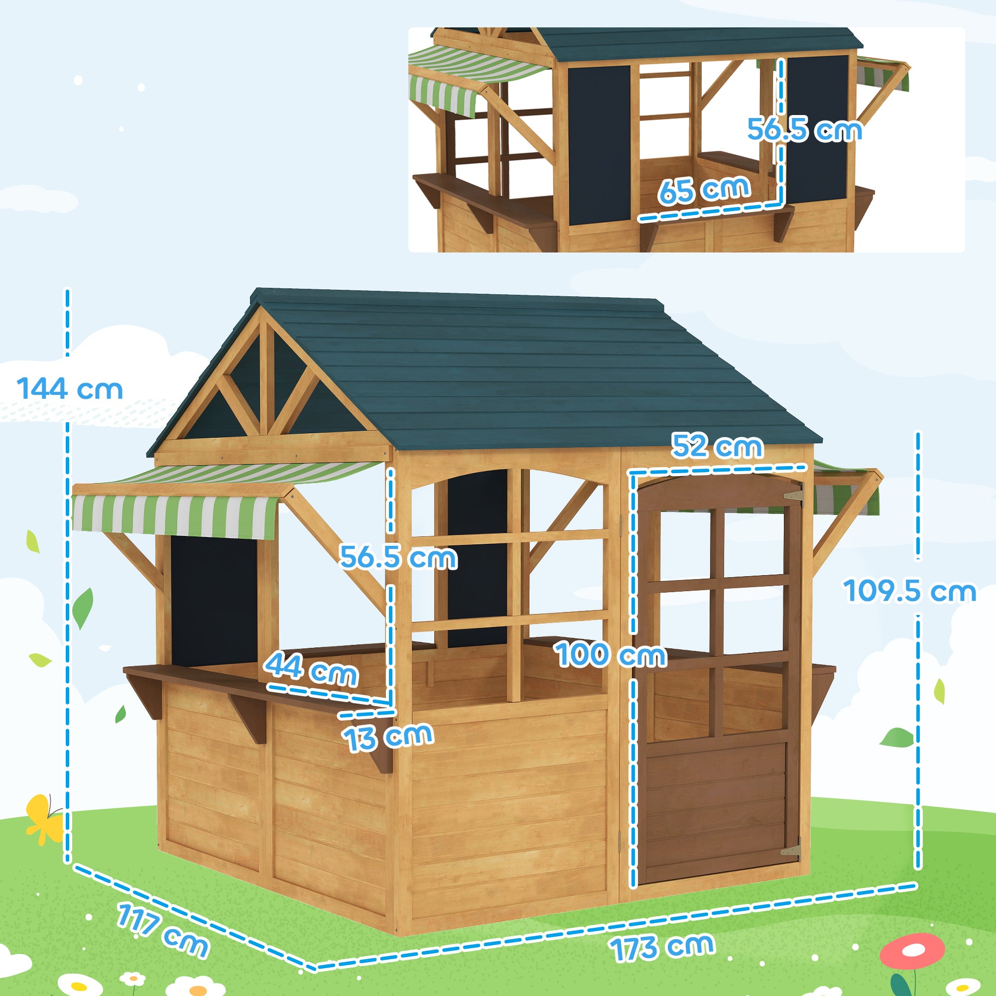 Playhouse for Children 3-8 Years with 5 Windows and 2 Blackboards, in Fir Wood, 173x117x144 cm, Brown and Blue