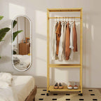 HOMCOM Freestanding Coat Rack with Rail, Shelves and 4 Bamboo Wheels, 70x35x175 cm, Natural Wood