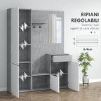 Hallway Cabinet 4 in 1 with Mirror, Hooks and Internal Shelves, Wooden, 145x29x184 cm, Grey and White