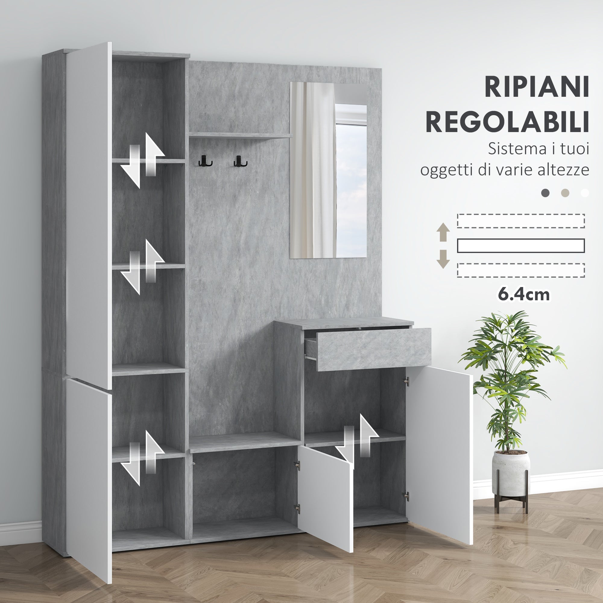 Hallway Cabinet 4 in 1 with Mirror, Hooks and Internal Shelves, Wooden, 145x29x184 cm, Grey and White