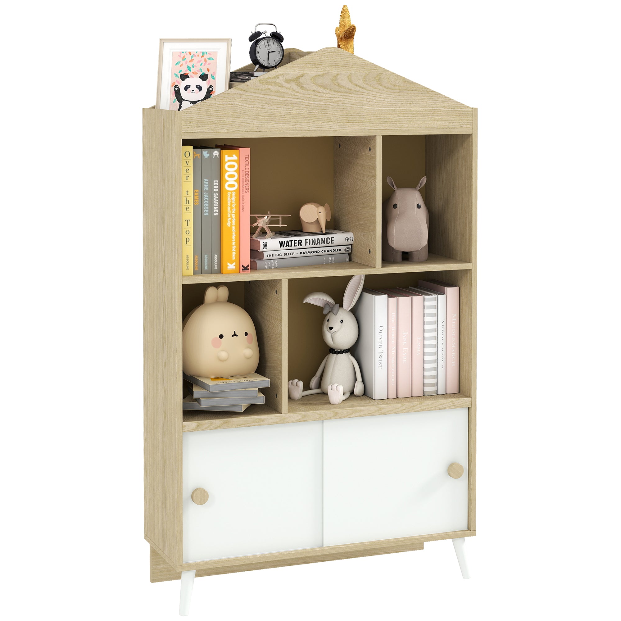 Children's Wooden Bookcase with Open Shelves and Lower Cabinet, 80x30x140.5 cm, White and Wood Color