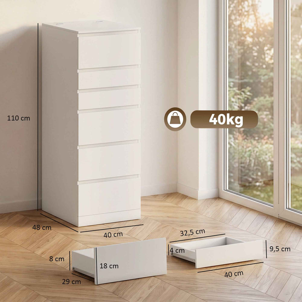 HOMCOM 6-Drawer Bedroom Chest with Hinged Mirror, 40x48x110 cm, White