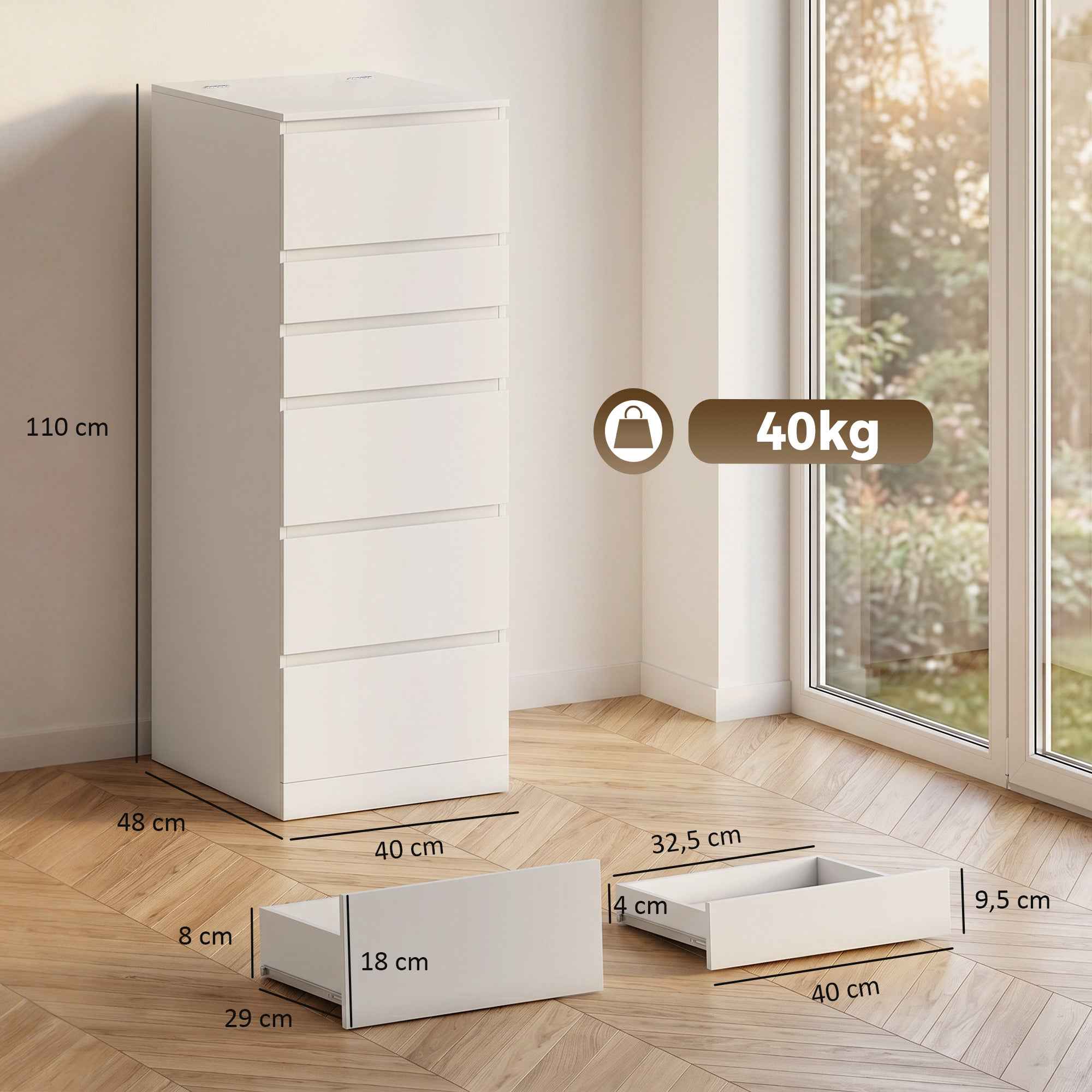 HOMCOM 6-Drawer Bedroom Chest with Hinged Mirror, 40x48x110 cm, White