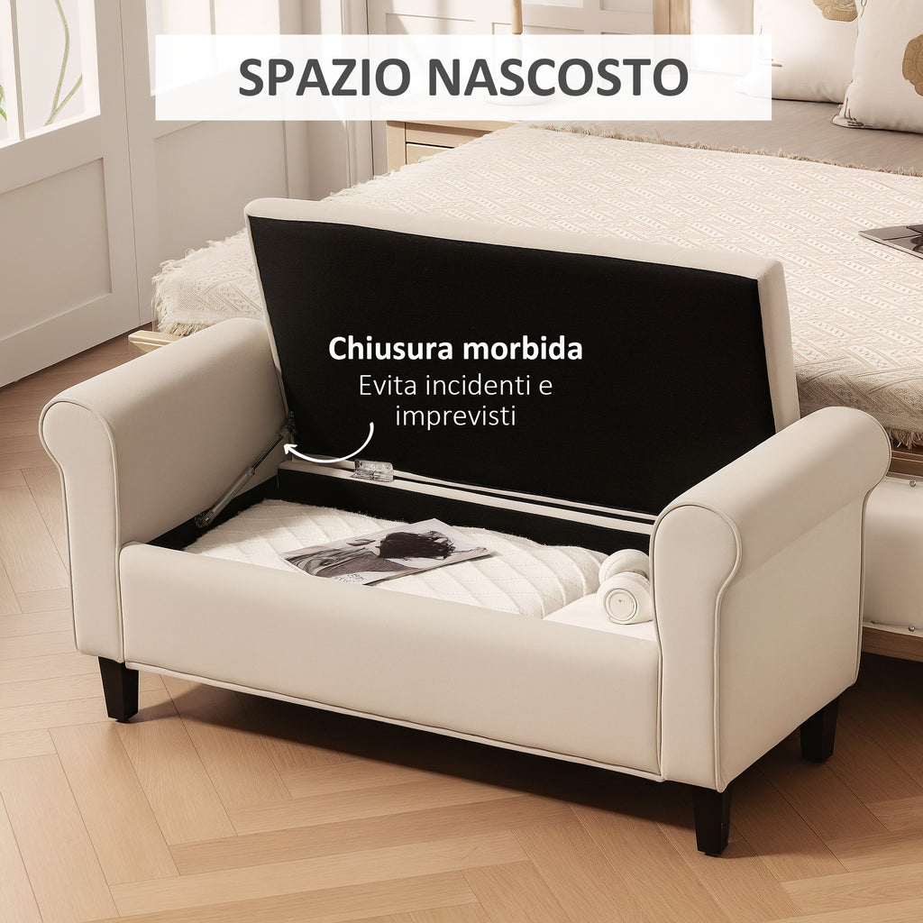 Velvet Fabric Bed End Bench with Storage Space and Armrests, 126x48.5x57 cm, Beige